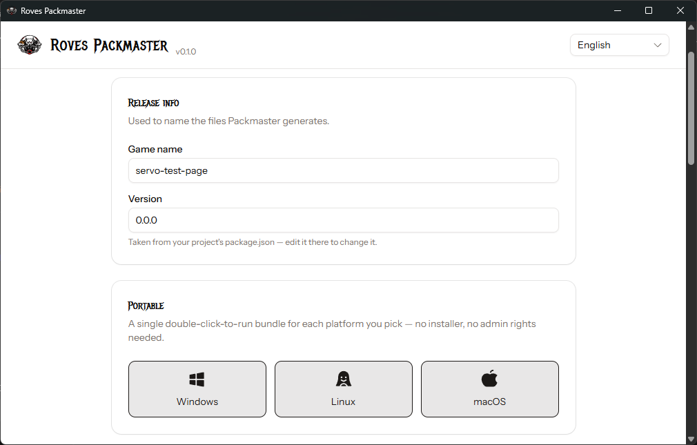Packmaster, the desktop GUI for packaging your game with Roves